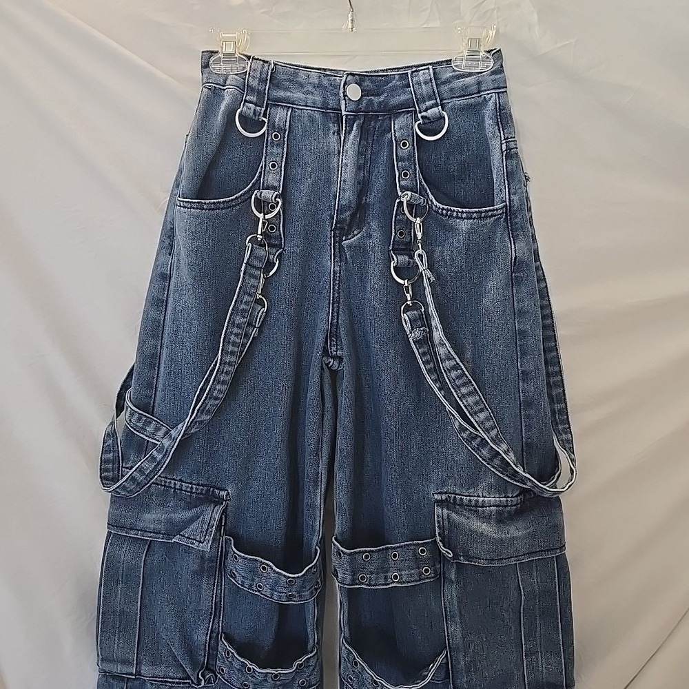 Romwe Juniors Denim Jean Straps Buckles Sz XS (2) Streetwear Grunge Skater - Picture 3 of 14